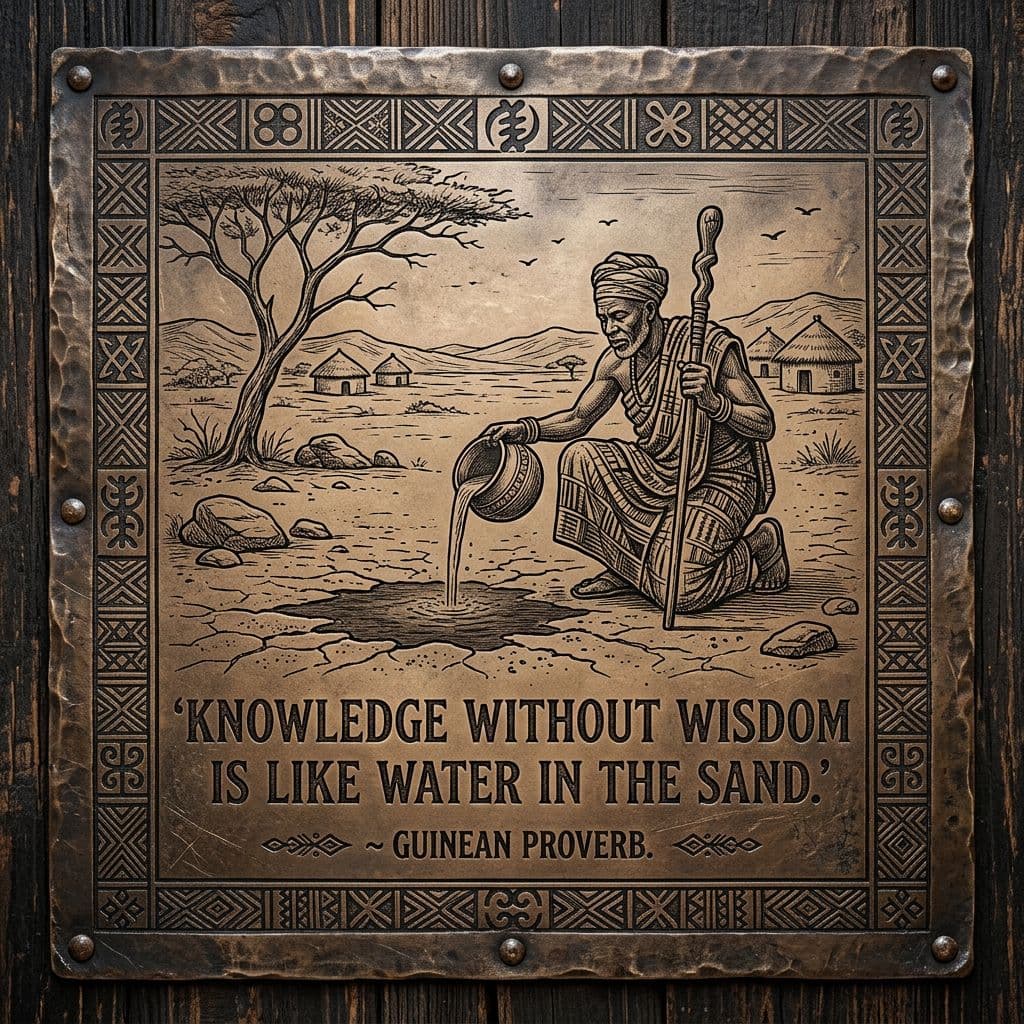 AI generated: image based on an African Proverb with the text 'Knowledge without wisdom is like water in the sand....