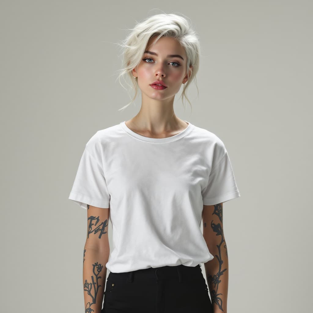 AI generated: white skin blonde with skinny hot face tshirt