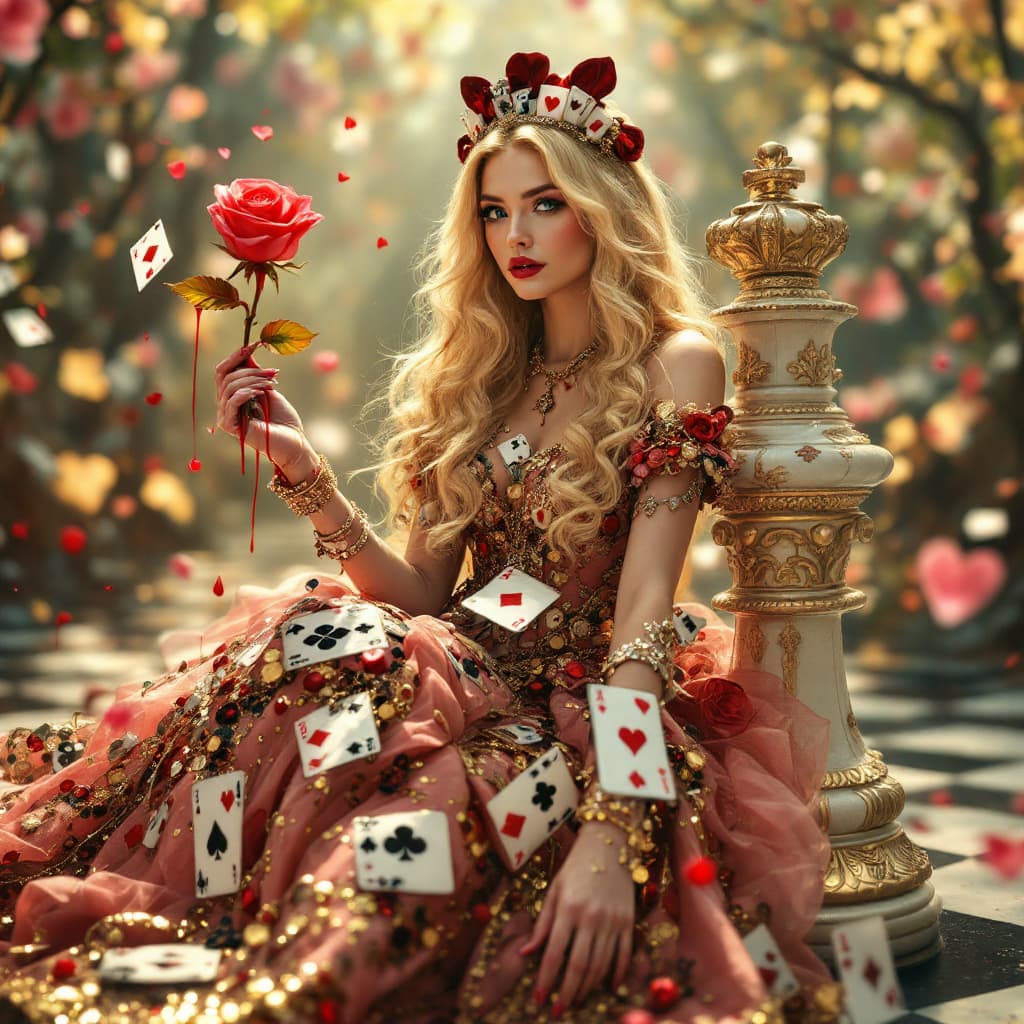 AI generated: Alice in Wonderland, resplendent in a lavish, haute couture gown adorned with intricately designed p...