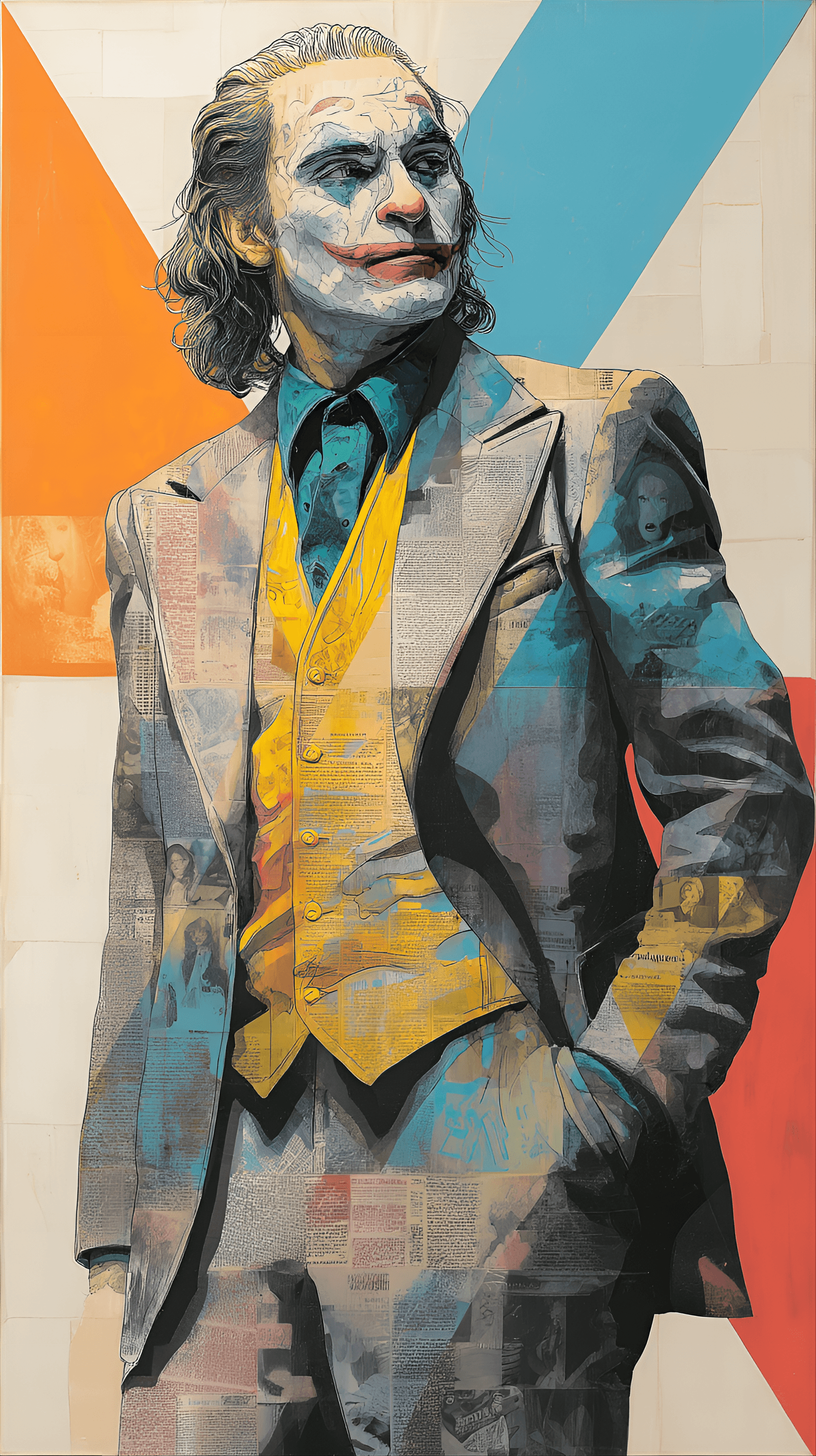 AI generated: portrait of the Joker character, likely from a movie poster or art print.  A Caucasian man, appearin...
