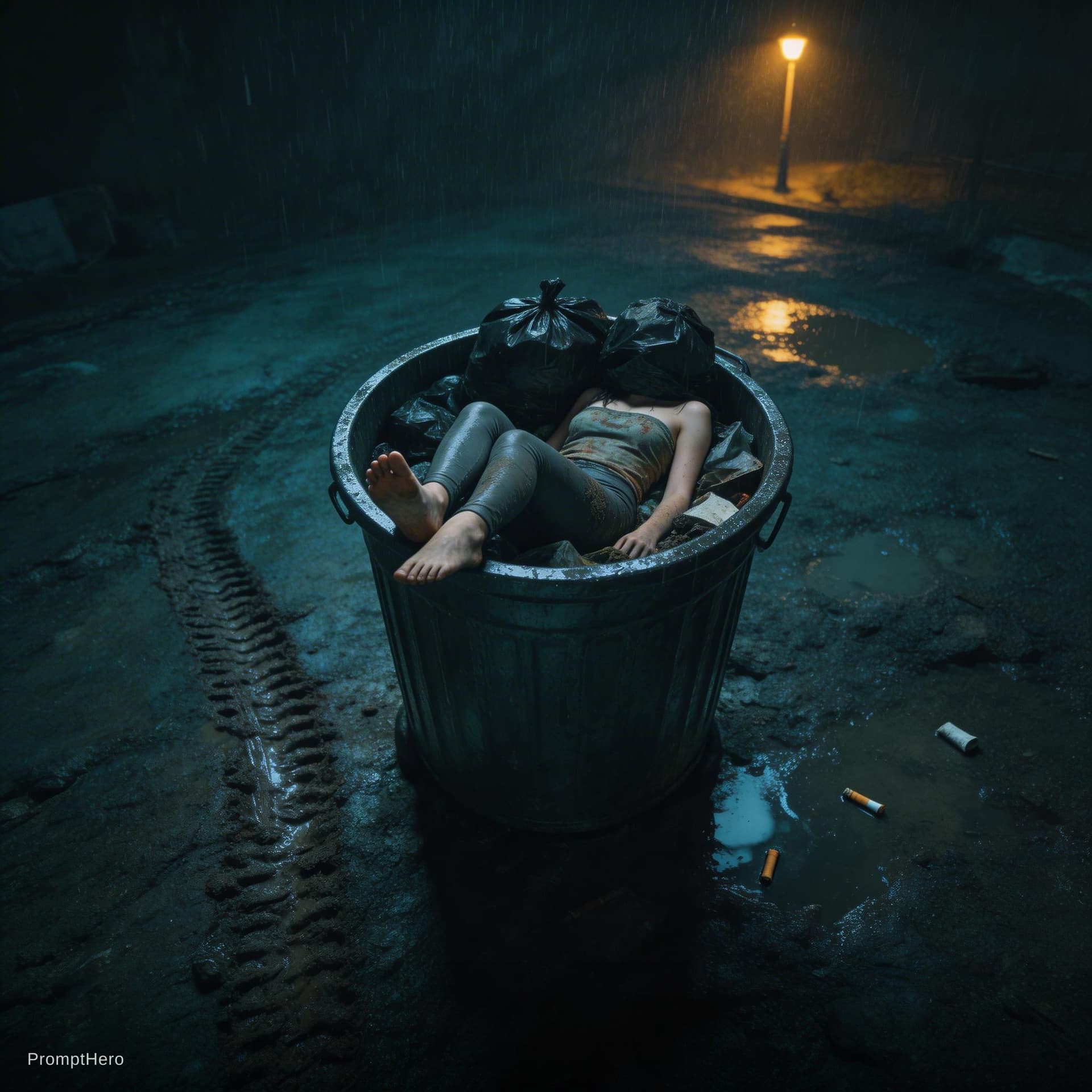 AI generated: A scene from a neo-noir horror crime thriller set in a landfill in a small provincial town in South ...