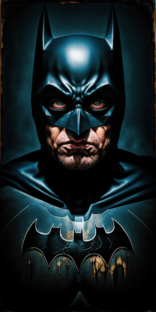 AI generated: 8k Studio Photography, battered Batman,  Scary Creepy (Grisly) Ominous, Painted with Vibrant Oils, (...