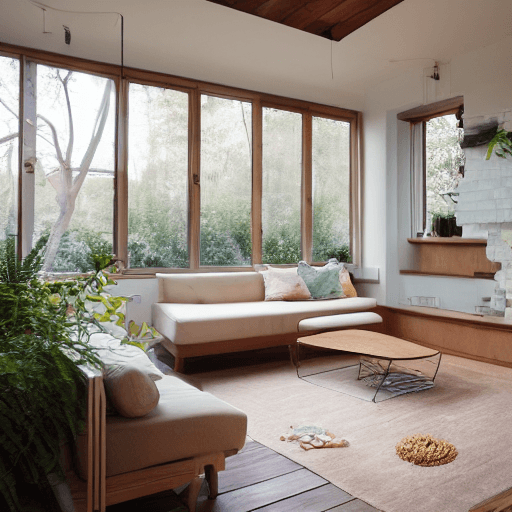 AI generated: high resolution photography interior design, dreamy sunken living room conversation pit, wooden floo...