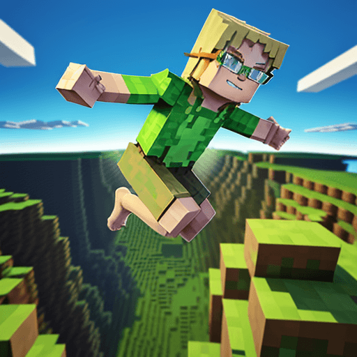 AI generated: minecraft style character boy wearing glasses with blonde hair jumping up in the air, freeze frame c...