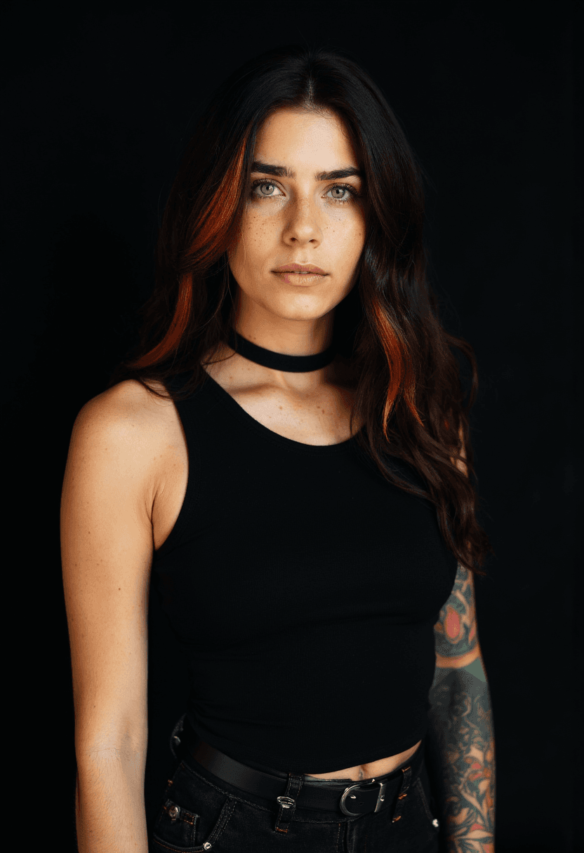 AI generated: A woman stands alone in a dark background, her confident demeanor radiating through every detail of ...