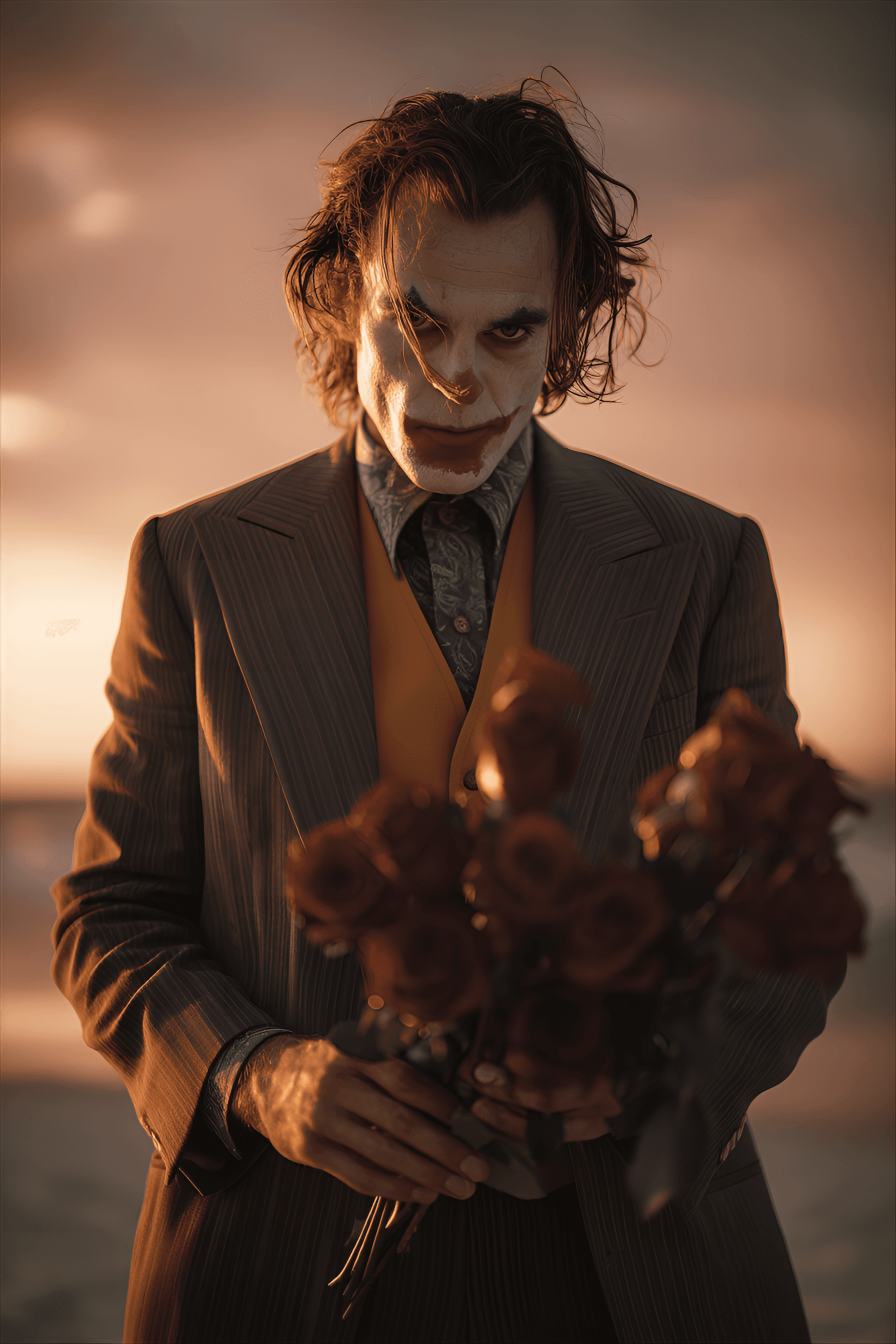 AI generated: A man, Caucasian, 30s, wearing a dark gray suit, a mustard yellow waistcoat, and a Joker-inspired ma...
