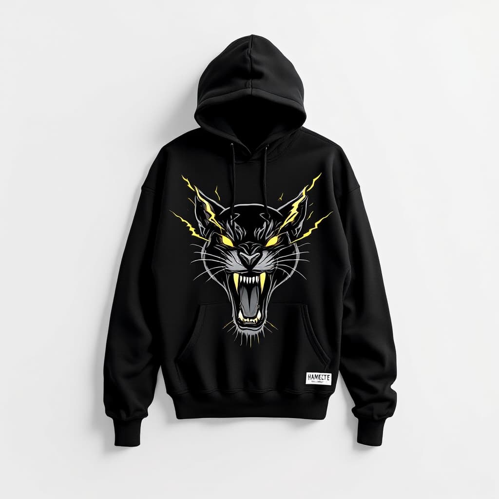 AI generated: photo on a white neutral background for a clothing catalog. photo of a black loose hoodie with a hoo...