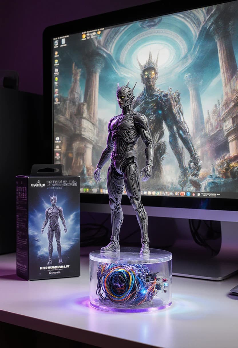 AI generated: A hyper-realistic figurine, crafted with precision, materializes on a pristine computer desk, showca...