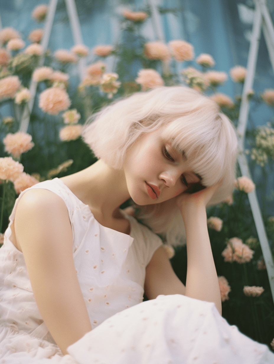 AI generated: disposable photography of a beautiful white girl with white hair, sitting on flower bed, 8k, photo r...