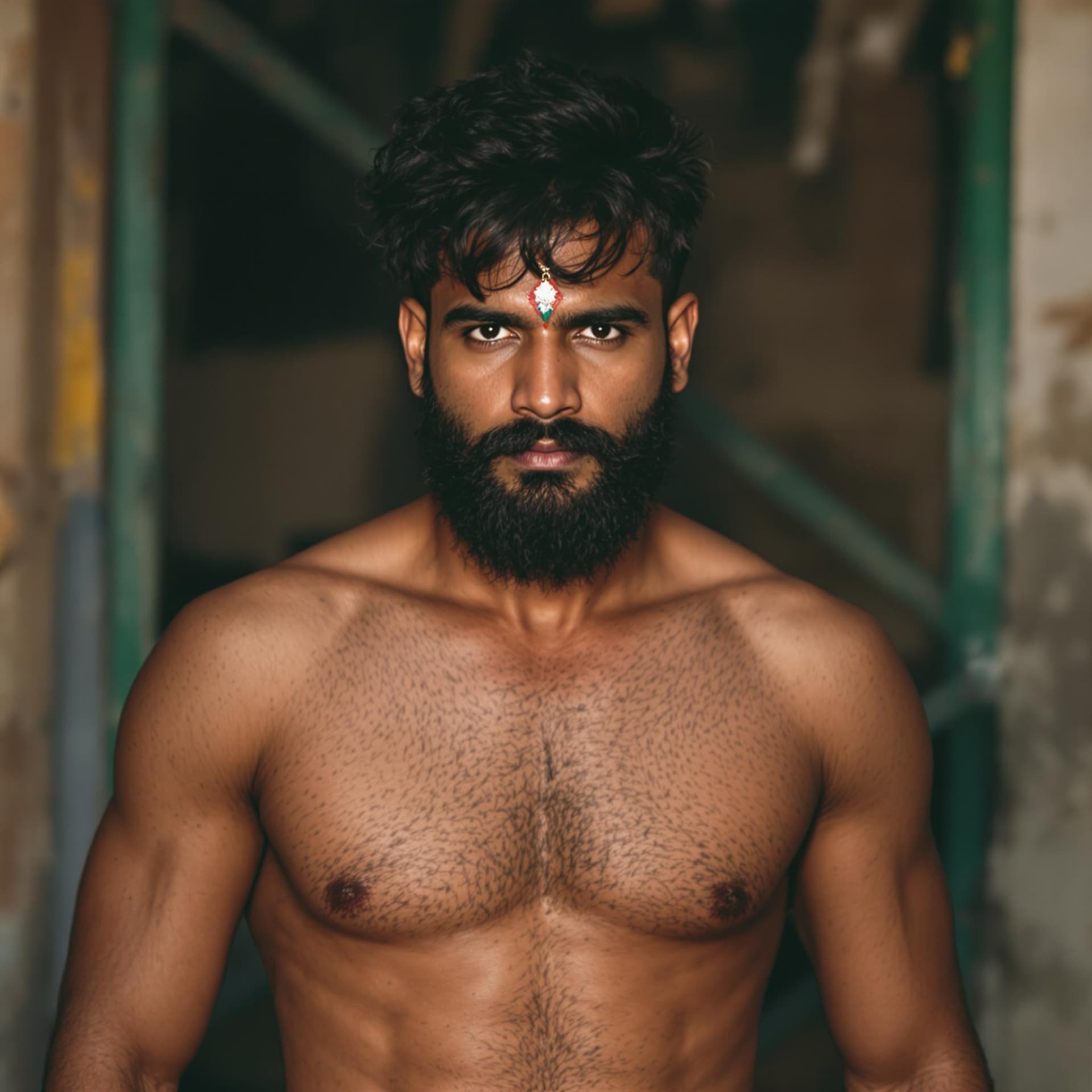 AI generated: shirtless indian hairy man
