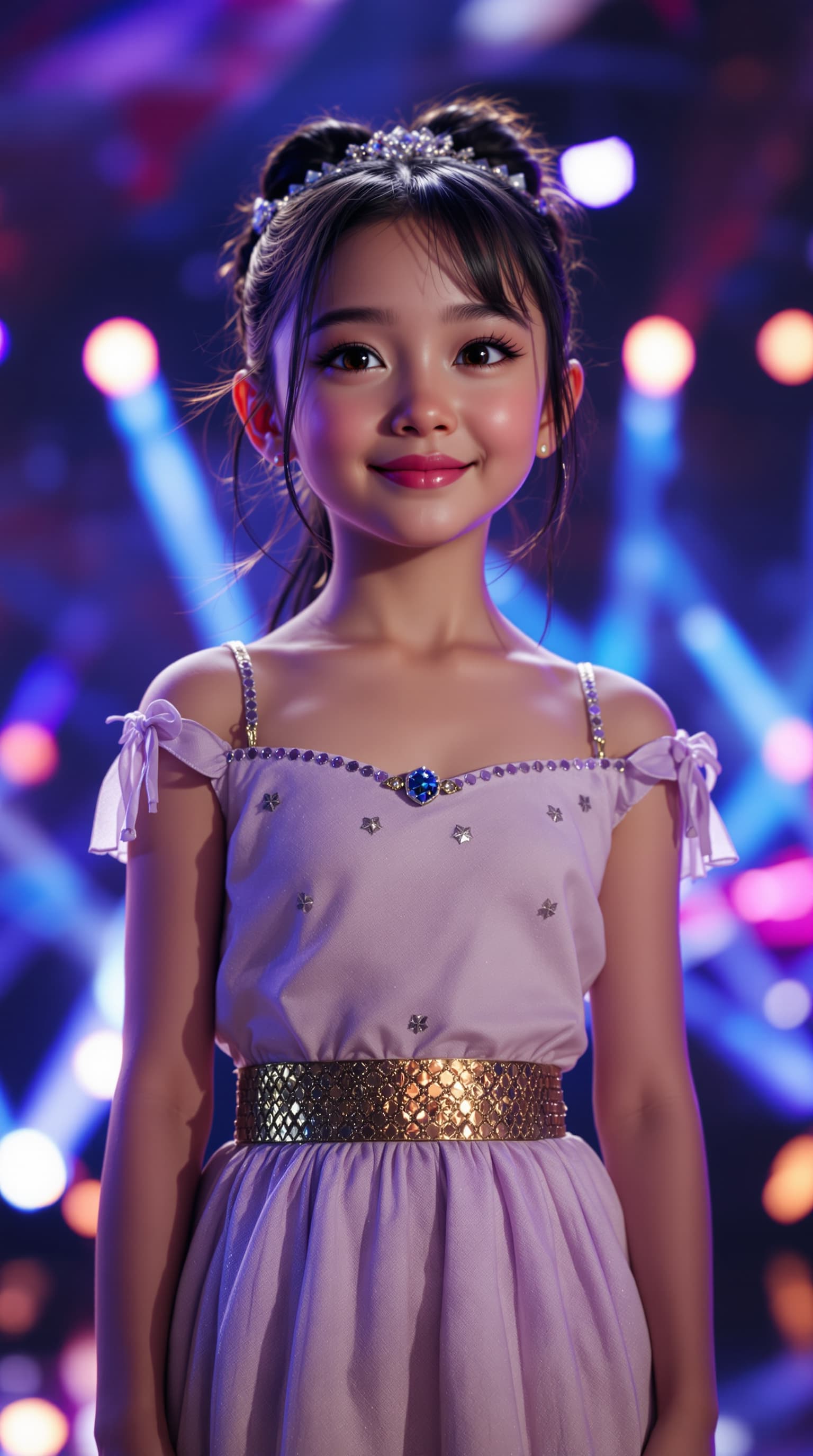 AI generated: A hyper-realistic depiction of a eight year old Celine Tam, standing on stage at America's Got Talen...