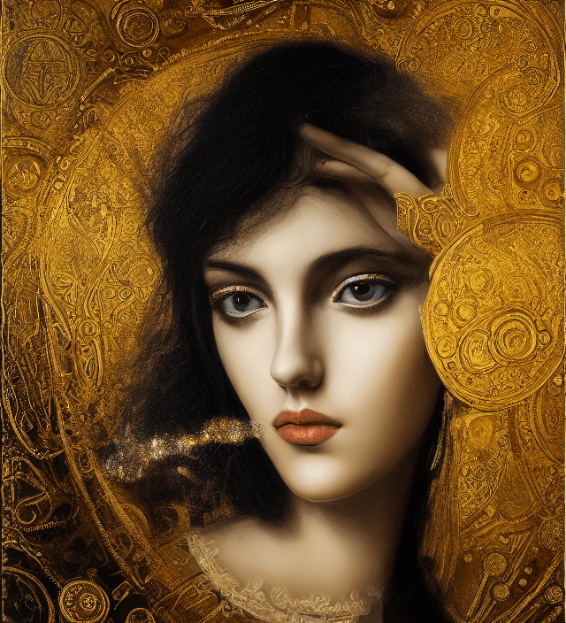 AI generated: Oil painting, high resolution 8k, Balla master painter, Byzantine artwork, 
young lady close up blac...