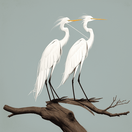 AI generated: Please draw a pair of egrets with ink on a long branch of a pine tree.