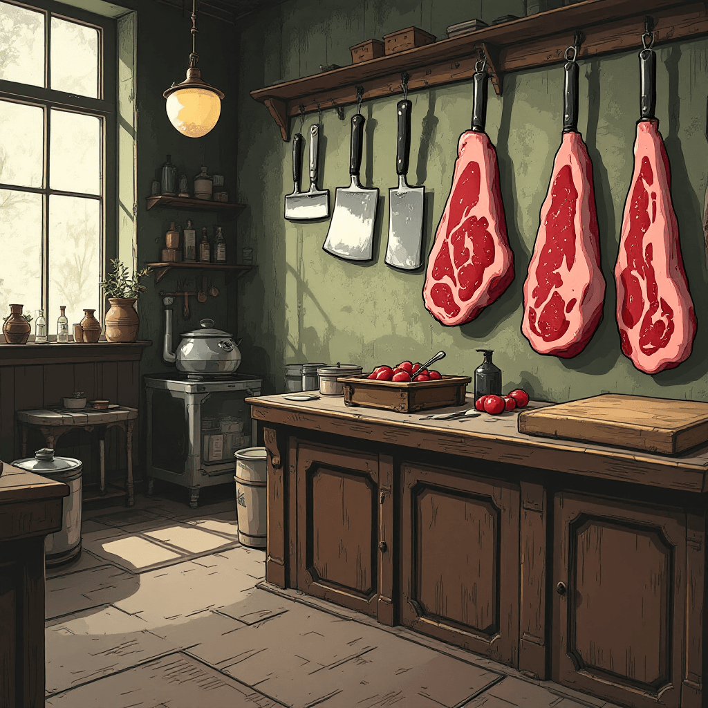 AI generated: A Victorian comic-style image of a butcher's shop with cleavers hanging on the wall.