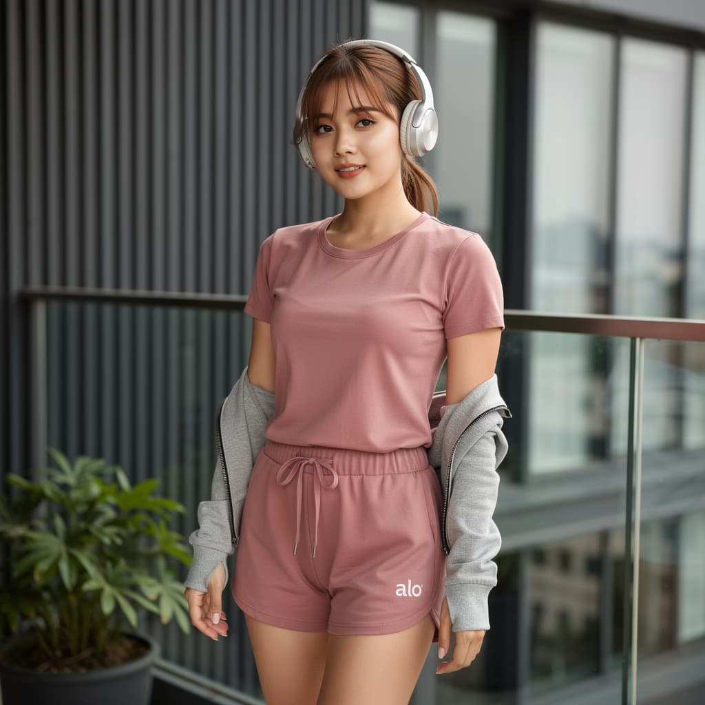 AI generated: A highly detailed, photorealistic medium shot of a fit and curvy young East Asian woman standing on ...