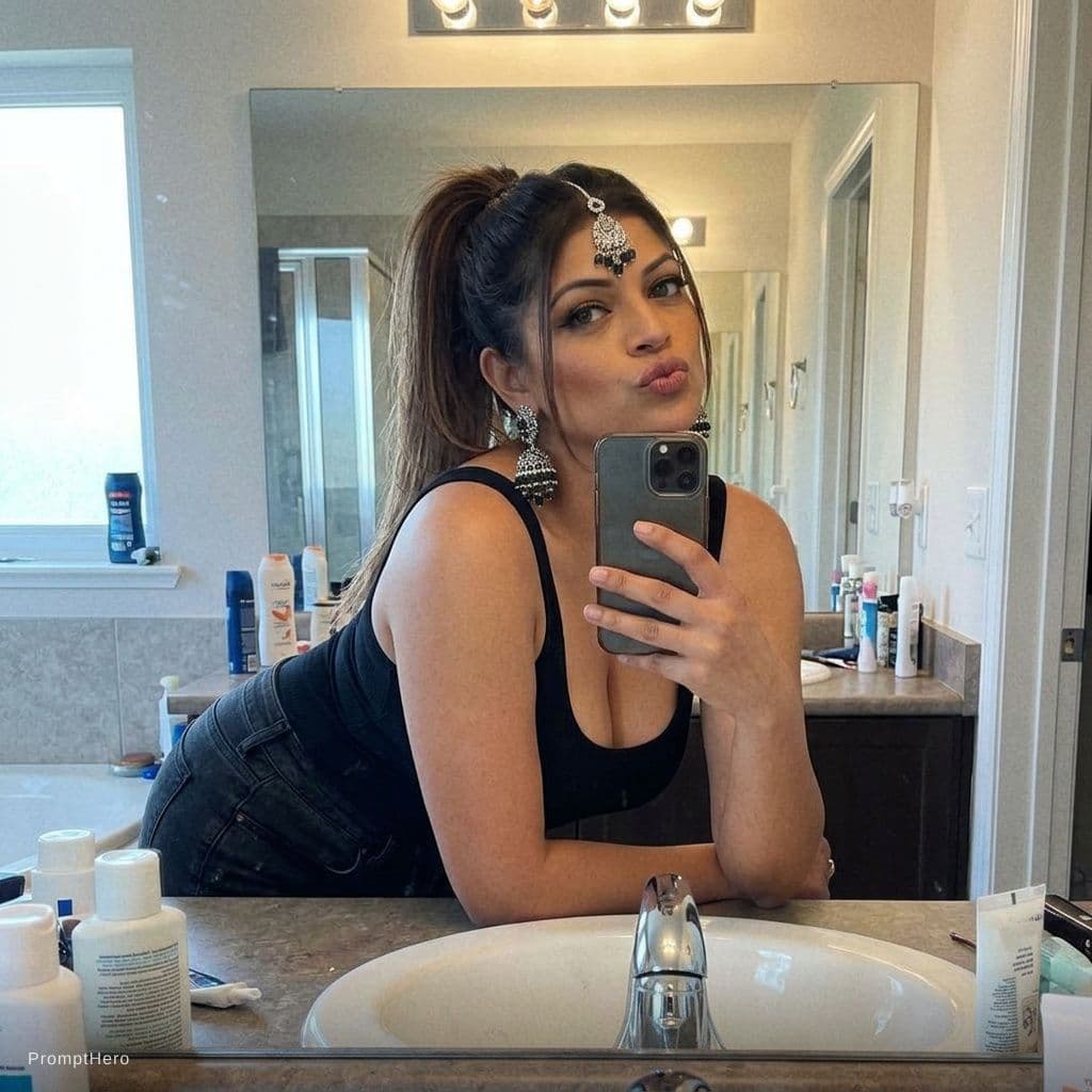 AI generated: Taking a mirror bathroom selfie spouting her lips, realistic snapshot, ponytail hairstyle,  super se...