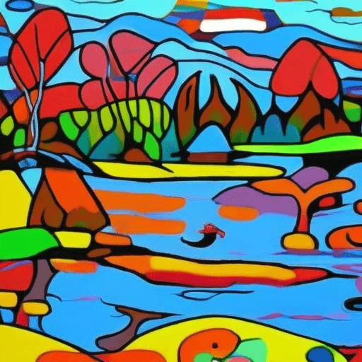 AI generated: river, style of Norval Morrisseau, rich colors, artistic, peaceful