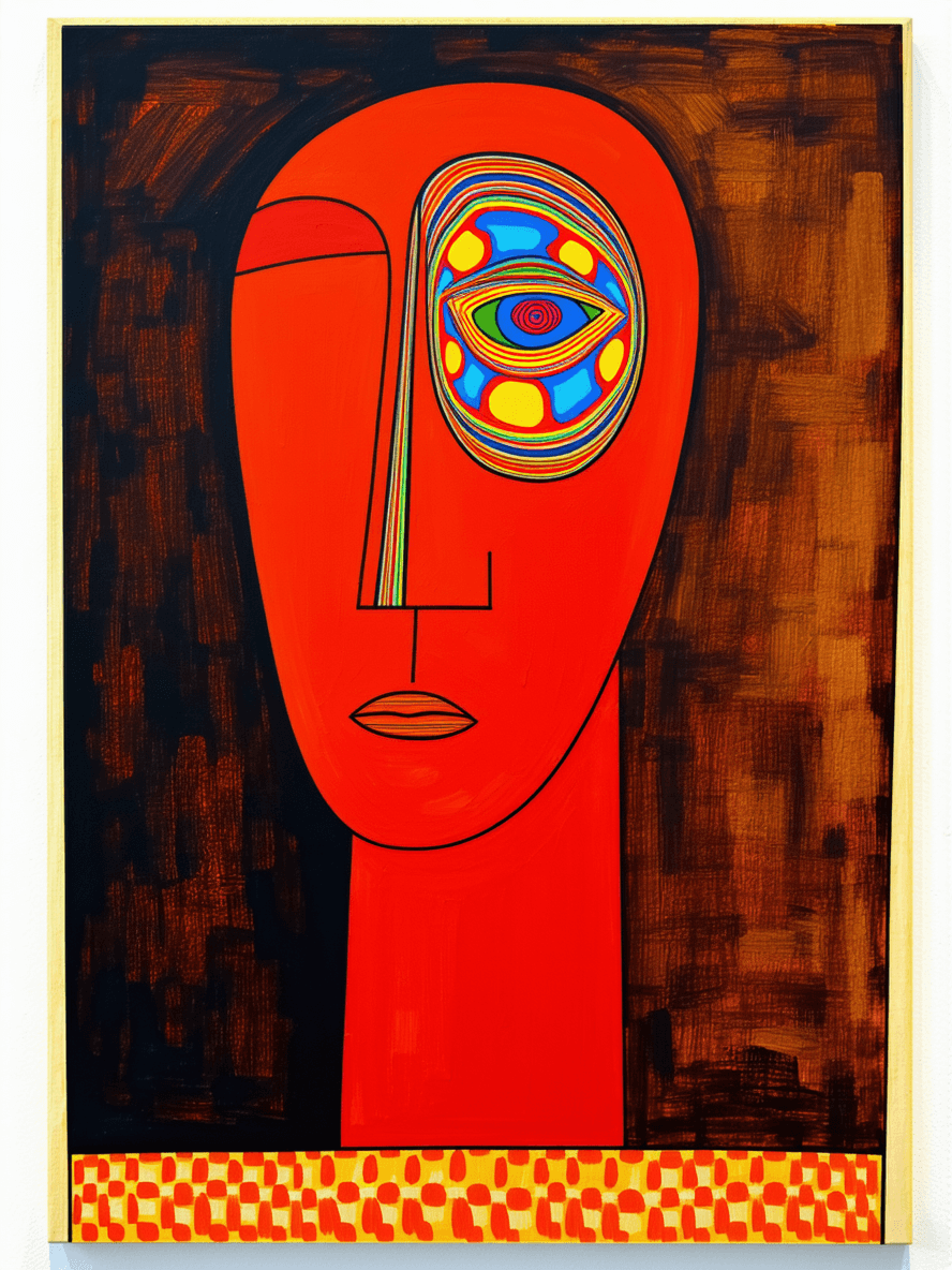 AI generated: A red figure with an psychedelic head and nose, in the style of Picasso, is depicted in the center o...