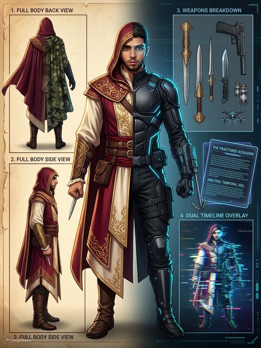 AI generated: Full character sheet concept art of a hybrid Assassin existing across two timelines simultaneously: ...