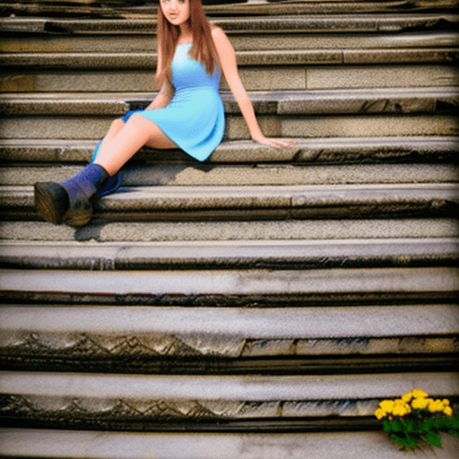 AI generated: HDR photo of woman, sitting on old stone stairs, long brunette hair pulled back, smiling, light blue...