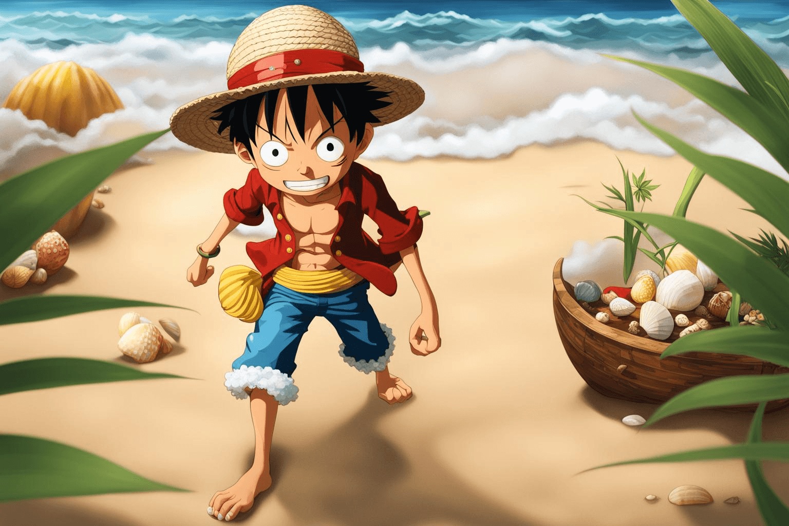 AI generated: Flat illustration, 3d, close up, a little cute boy cosplaying Monkey D. Luffy, one piece anime, near...