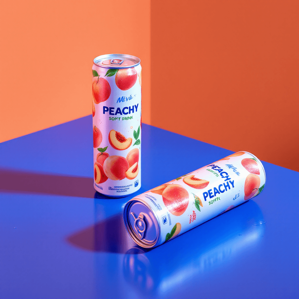 AI generated: Studio Product shot, a close up shot, 2  peach colour slim cans of soft drink , cans haVE PEACHY log...