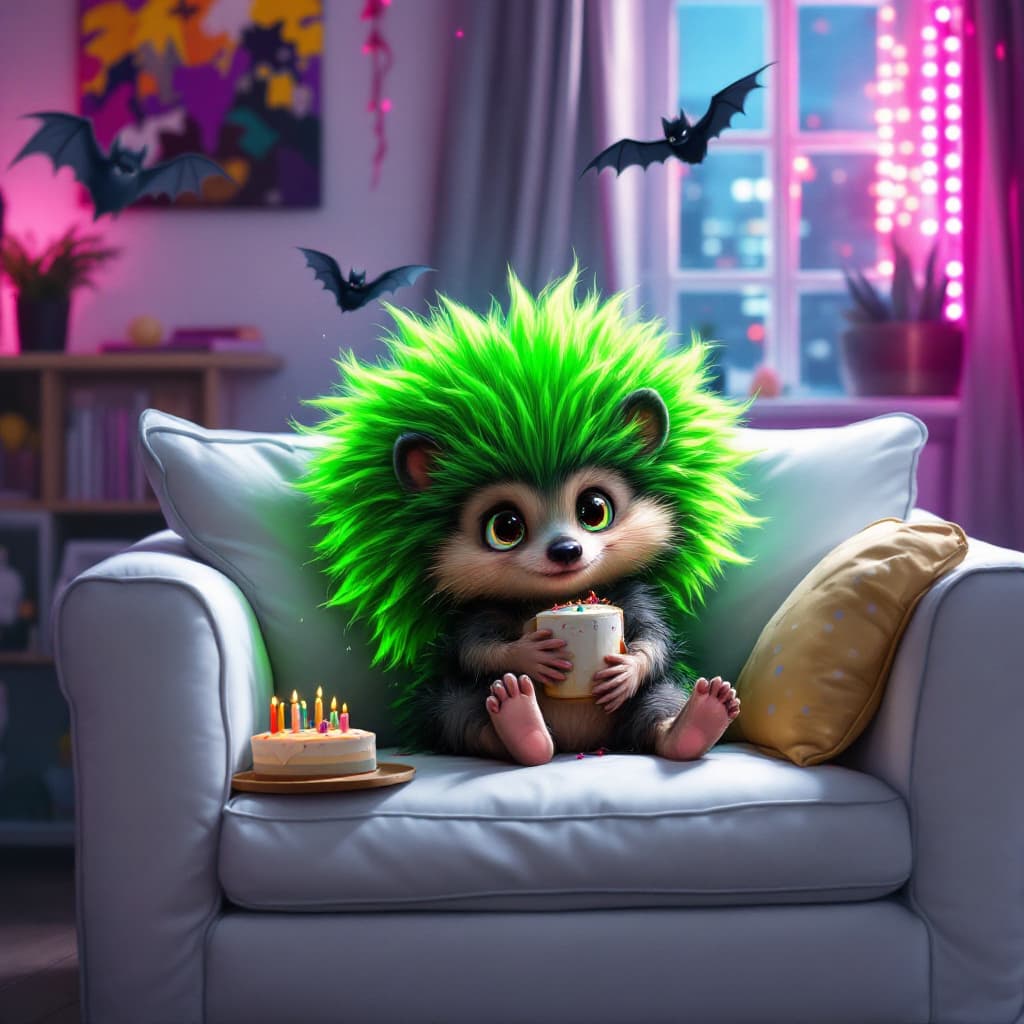 AI generated: happy cute artwork of a headgehog with green neon afro tupet, partying his birthday with two bats on...