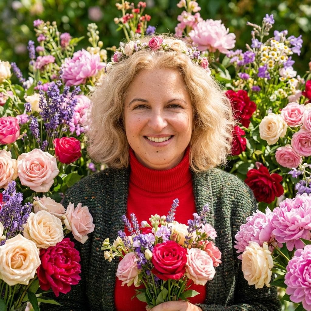 AI generated: Make me beautiful and surround me with flowers.
