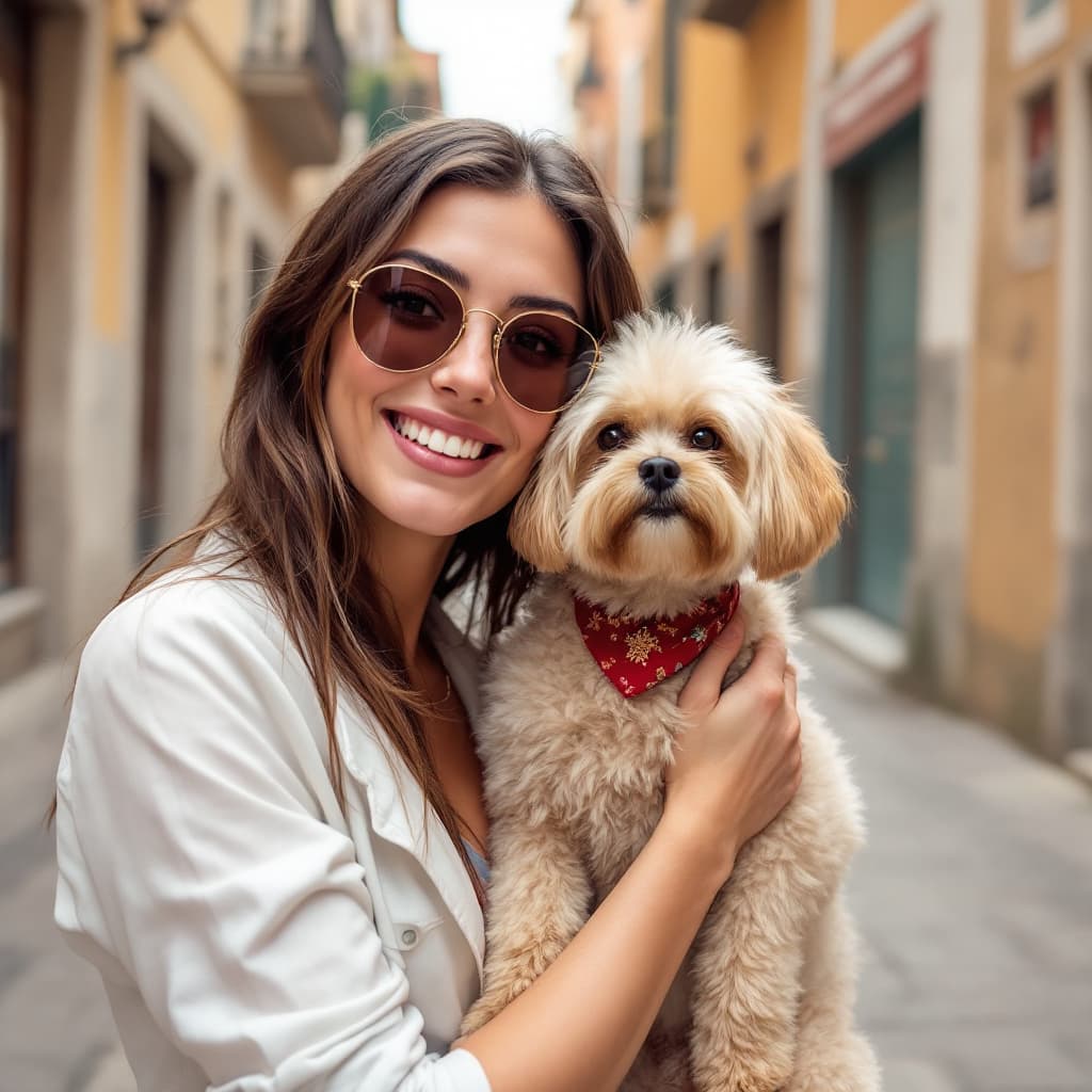 AI generated: Una chica caótica con su perro en Napoles con todas os estereotipos de italia. Ponlo en un estilo di...