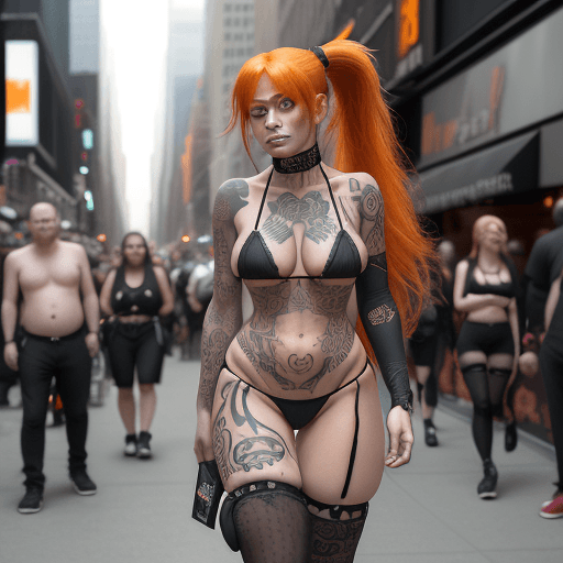 AI generated: young woman with ponytail, long orange hair wearing a black micro bikini stands on a crowded street ...