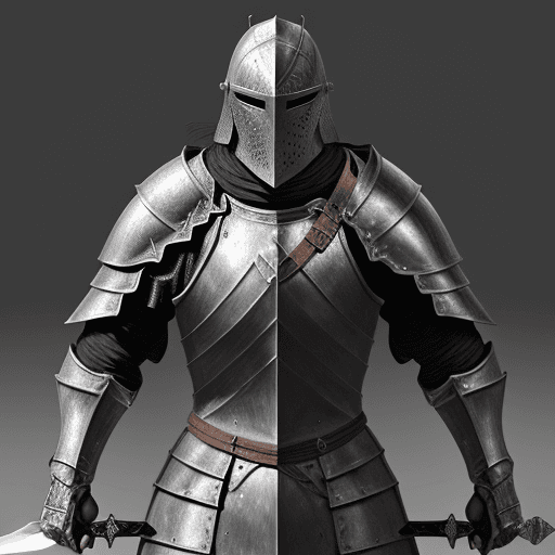 AI generated: a digital art drawing of a medieval knight wielding a one handed sword in front of him, black detail...