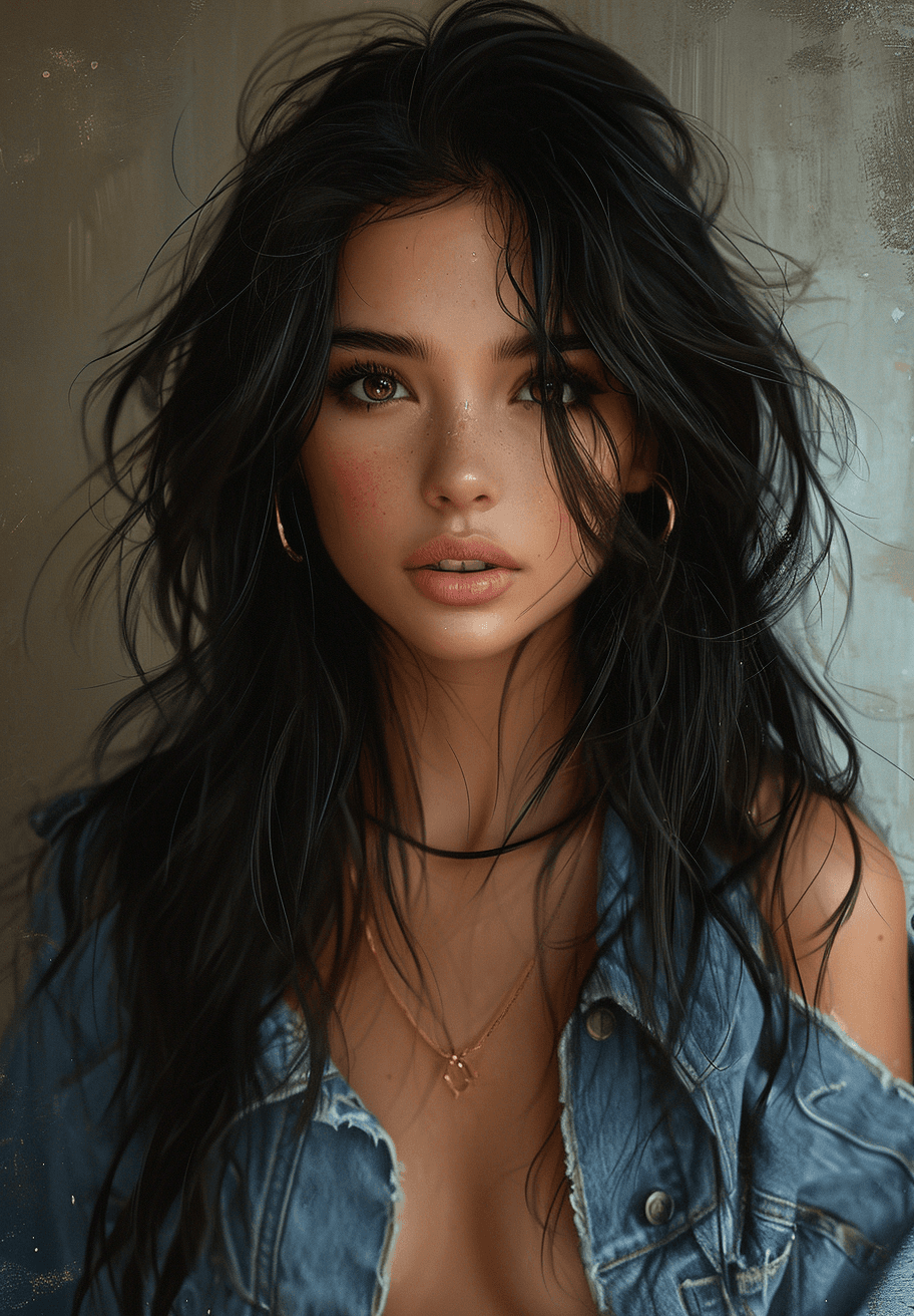 AI generated: disney girl with long black hair in a jean shirt, in the style of hyperrealistic illustrations, slum...