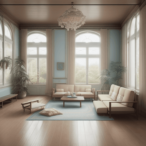 AI generated: High resolution photography interior design, dreamy sunken living room conversation pit, wooden floo...