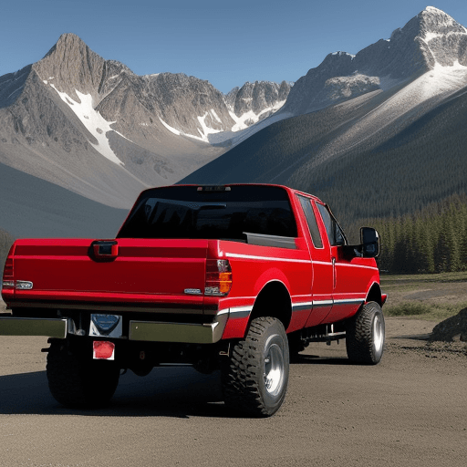 AI generated: a red 1994 f350 surrounded by mountains 