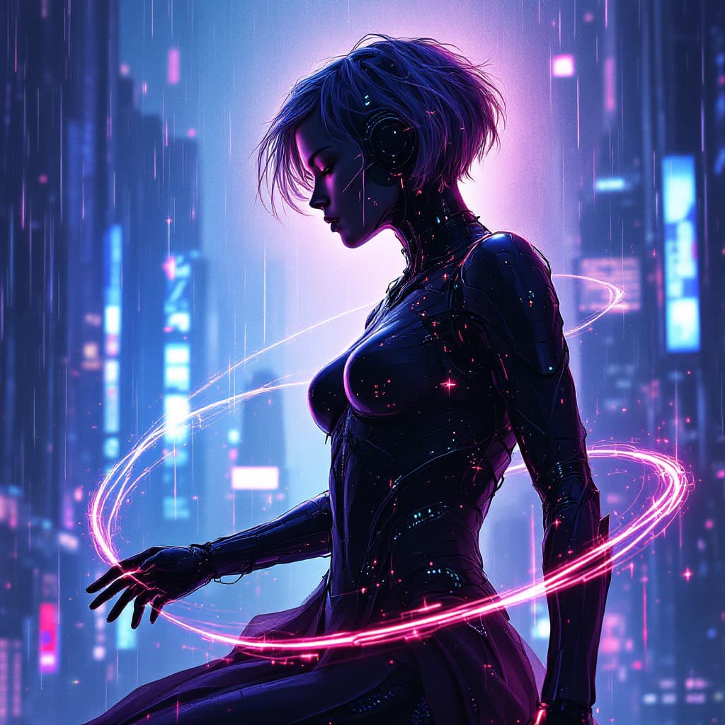 AI generated: A cyberpunk enchantress, silhouetted against a rain-streaked holographic cityscape, her short, vibra...