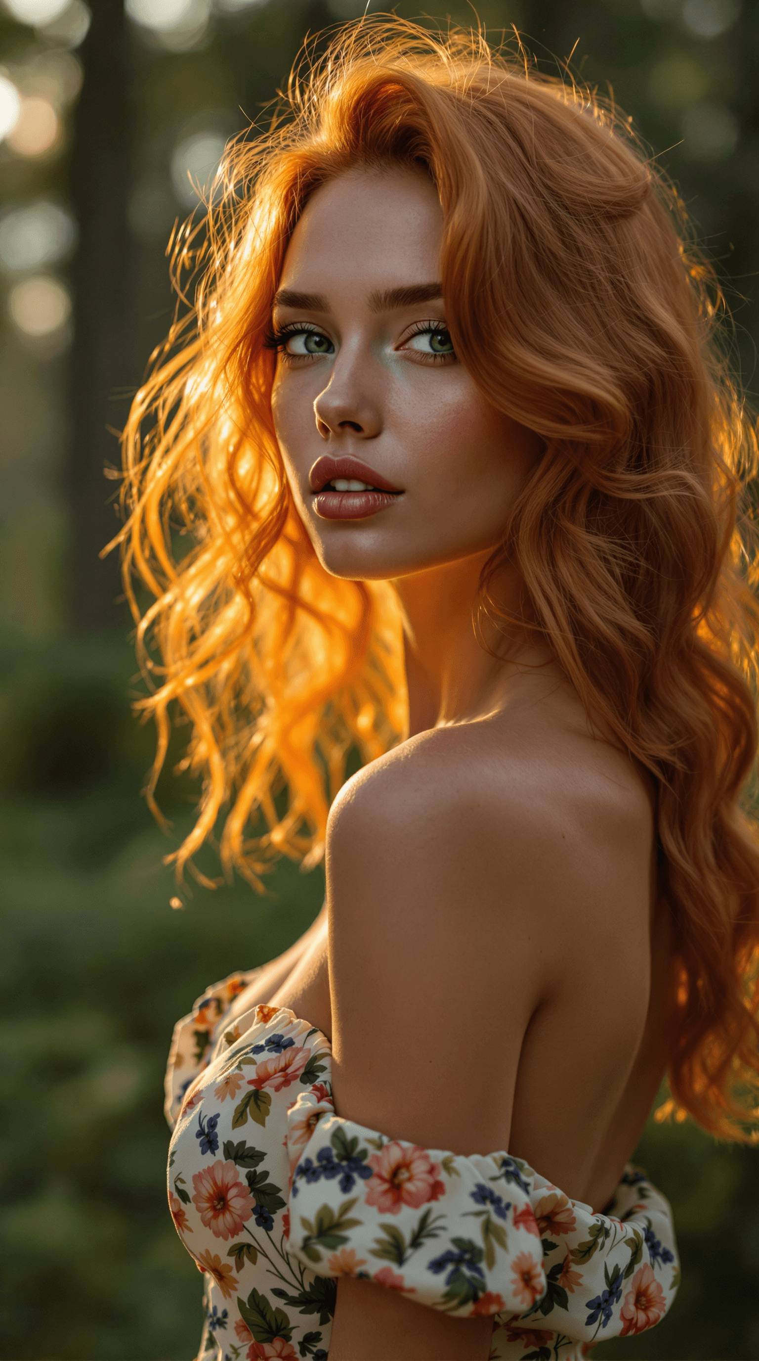 AI generated: A **photorealistic close-up** of a **European woman with wavy ginger hair**, standing in a **summer ...