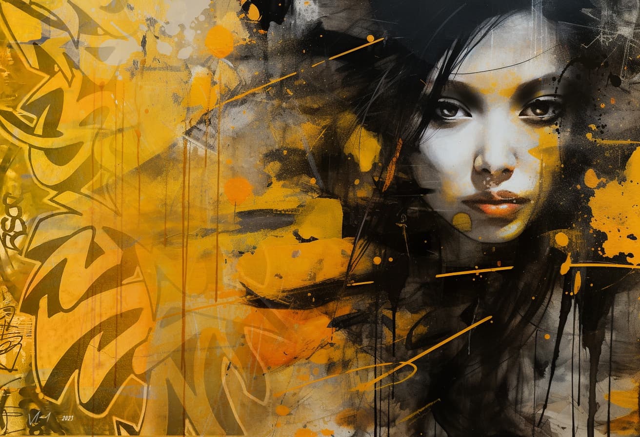AI generated: abstracted painting of a woman in yellow and black with a smile, in the style of chinese ink paintin...