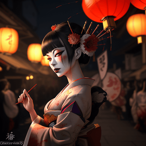 AI generated: An ethereal Geisha zombie dragon amidst a festival night, paper lanterns illuminating the lively str...