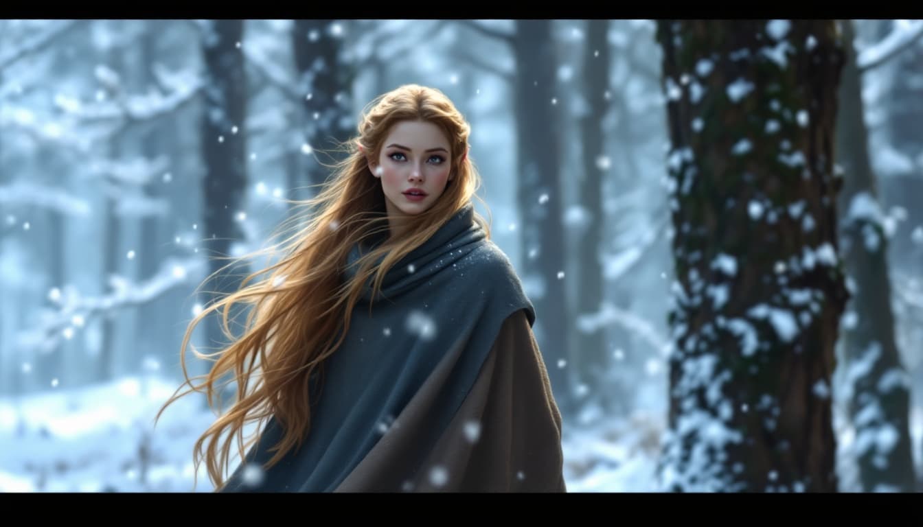 AI generated: Animation Description:
The elven heroine walks through a quiet snowy forest, her golden hair swaying...