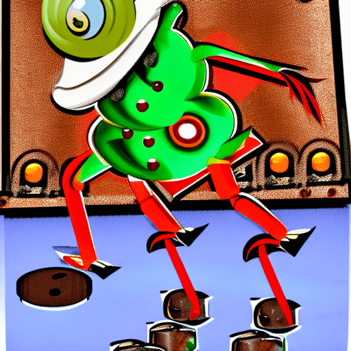 AI generated:  Anthropomorphic dirty wolf wearing green pants and brown suspenders,with a crazy bulging  eyeball,r...
