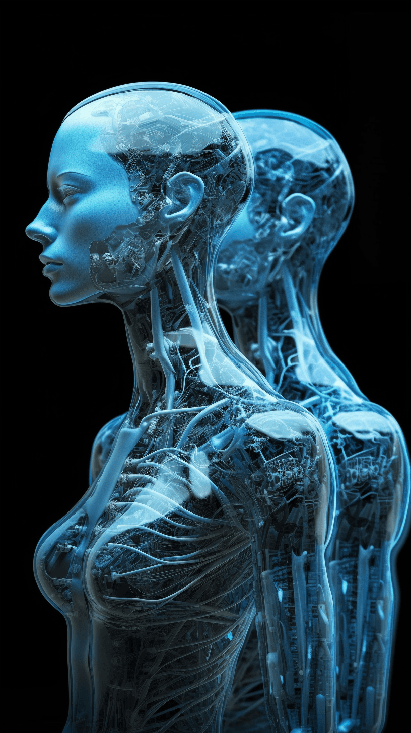 AI generated: robot women, in the style of fine attention to anatomy, dark black and azure, high dynamic range, or...