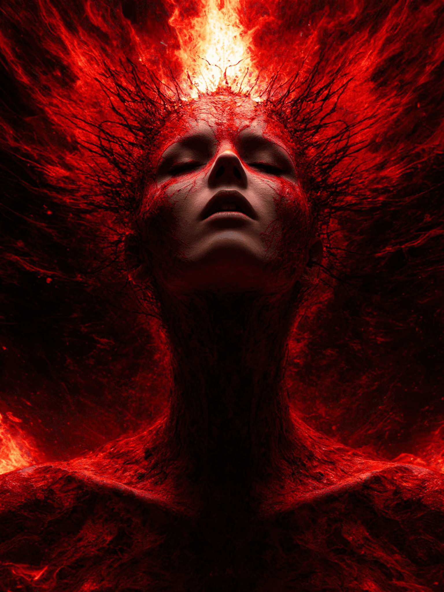 AI generated:  full body,abstract horror vision of KiniaG the goddess of pain descending to our world,born from bl...