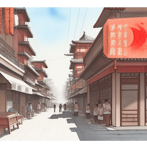 AI generated: Minimalist, detailed illustration, sunny day, old china town street, ink and watercolour wash