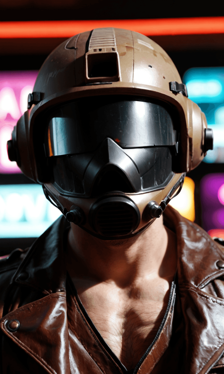 AI generated: 1male, brown leather jacket, military armor, ((full face helmet, hidden face)), cyberpunk background...