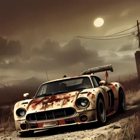 AI generated: A stunning rusted car in a rural area, country side view, little storm sandy clouds in the sky, ultr...