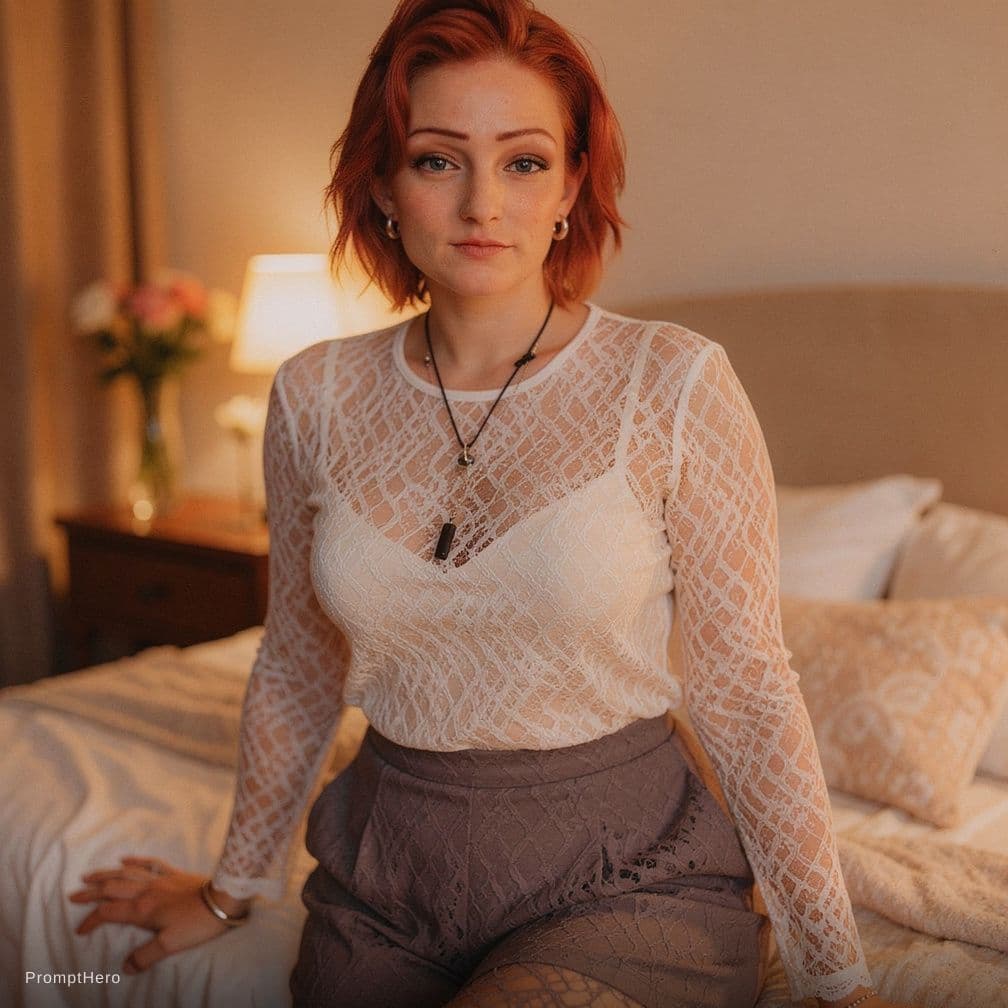 AI generated: Do not change my facial features leave exactly the same. I want revealing lace clothing in a bed roo...