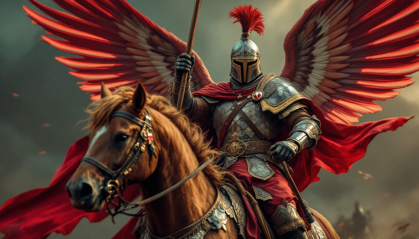 AI generated: ultra-realistic Polish winged hussar riding a horse, holding a four-meter lance in his hand