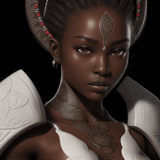 AI generated: intricate closeup shot, masterpiece artwork, black skin-tight body, tribal, suit, white accent, deta...