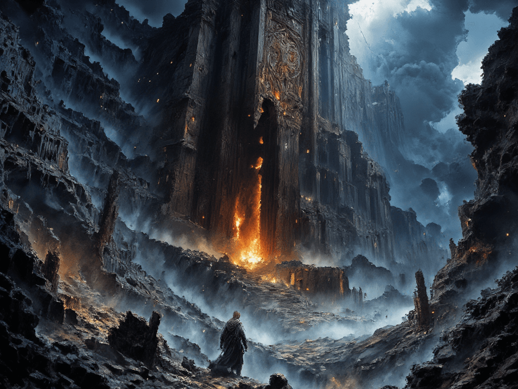 AI generated: : A colossal tower, dark and foreboding, stretches up endlessly, piercing the heavens with its massi...