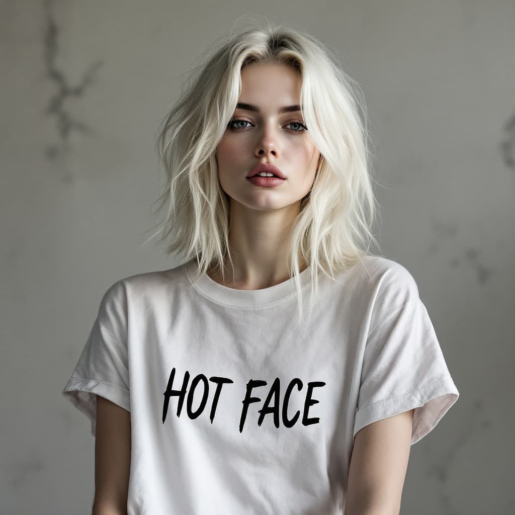 AI generated: white skin blonde with skinny hot face tshirt